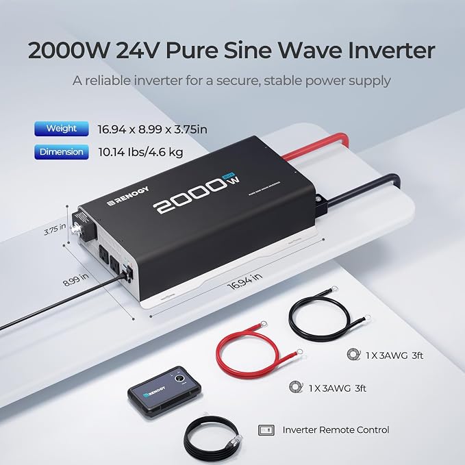 Renogy 2000W 24V Pure Sine Wave Inverter, 4000W Peak Power, 92% Energy - Image 8