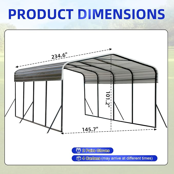 12x20 Metal Carport with Base Fixings Heavy Duty Garage Outdoor Chrome Plated - Image 2