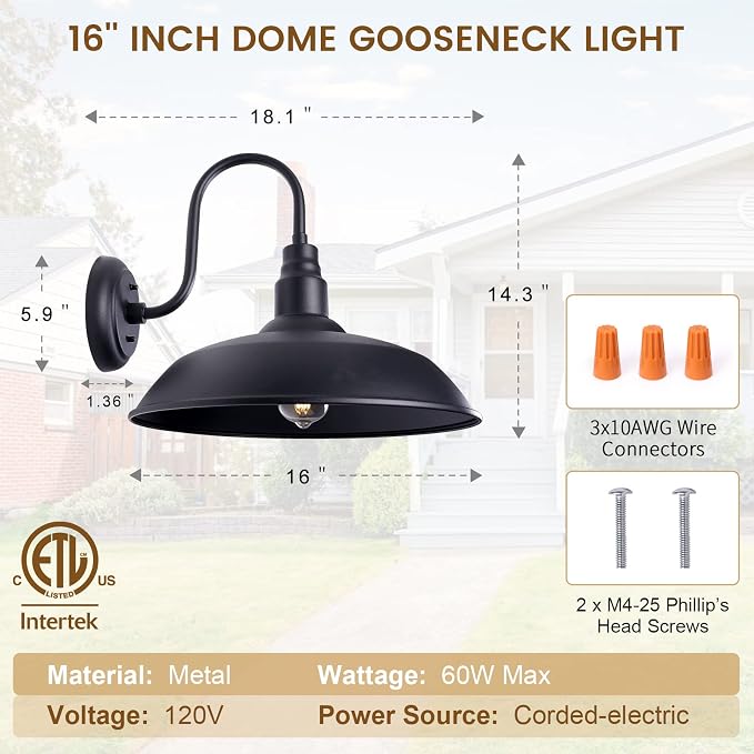 16 Inch Dome Barn Light for Porch, Large Gooseneck Outdoor Light Fixture for - Image 7