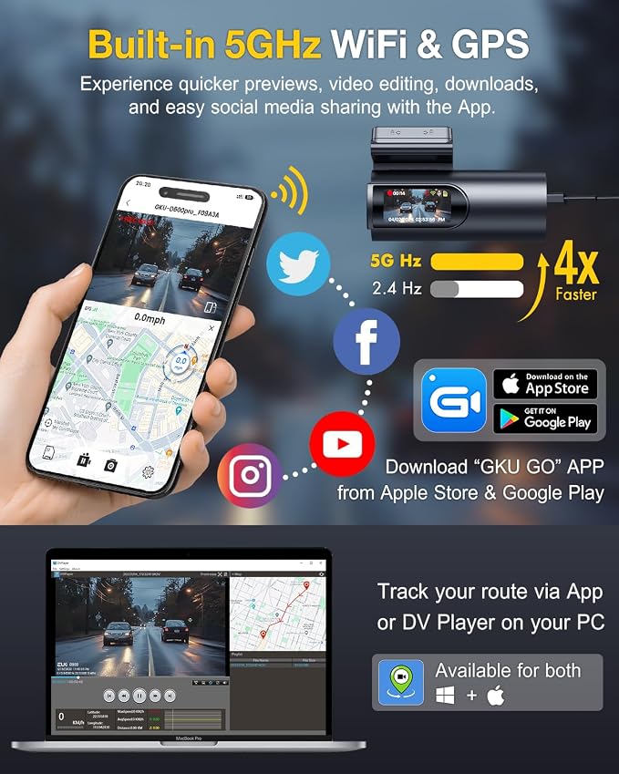 GKU Dash Cam Front and Rear Camera, 5.8GHz WiFi & GPS Dash Camera - Image 4
