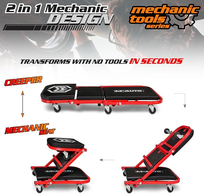 M-AUTO 40-Inch Folding Creeper Rolling Seat, All-in-One Adjustable Roller - Image 4