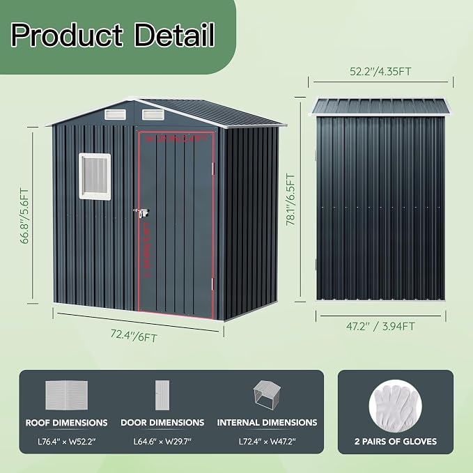 6X4X6.5 FT Compact Vertical Outdoor Steel Storage Shed - Image 3
