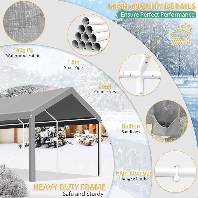 COBIZI Carport 10x20ft Heavy Duty Portable Garage, 2.0 Powder Coated Frame - Image 4