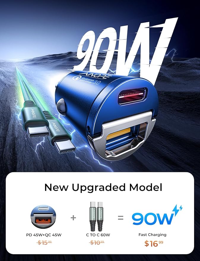 AINOPE 90W Super Fast Car Charger, Invisible USB C 45W Car Charger Fast - Image 3