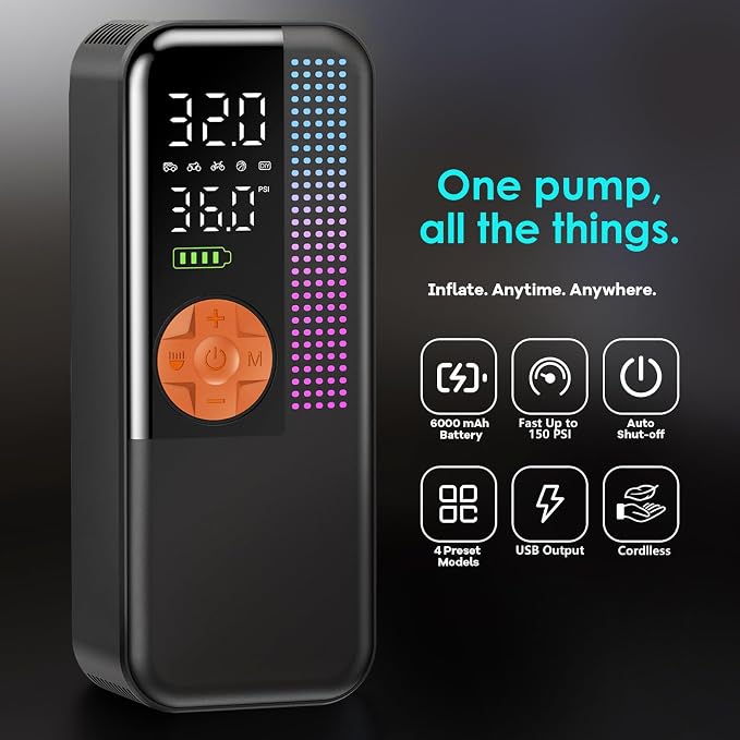 Portable Tire Inflator Air Compressor, 150 PSI Cordless Air Pump, 6000mAh - Image 2