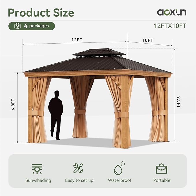 Aoxun 10' x 12' Hardtop Gazebo, Wooden Finish Coated Aluminum Frame Canopy - Image 9