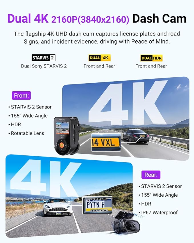 Vantrue S1 Pro Max 4K+4K Dash Cam Front and Rear, Dual 2160P Dash Camera - Image 2