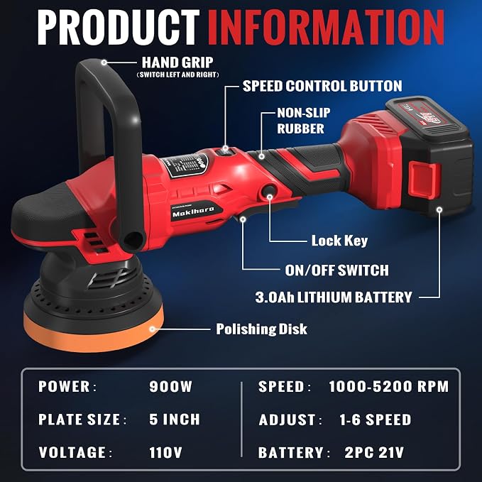 Cordless Buffer Polisher, 5 Inch Random Orbital Car Buffers Waxer and Polishers - Image 4