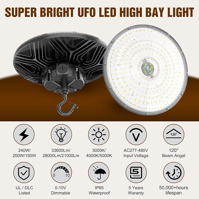480V UFO LED High Bay Light 240W 200W 150W Adjustable, UL DLC Listed Dimmable - Image 2