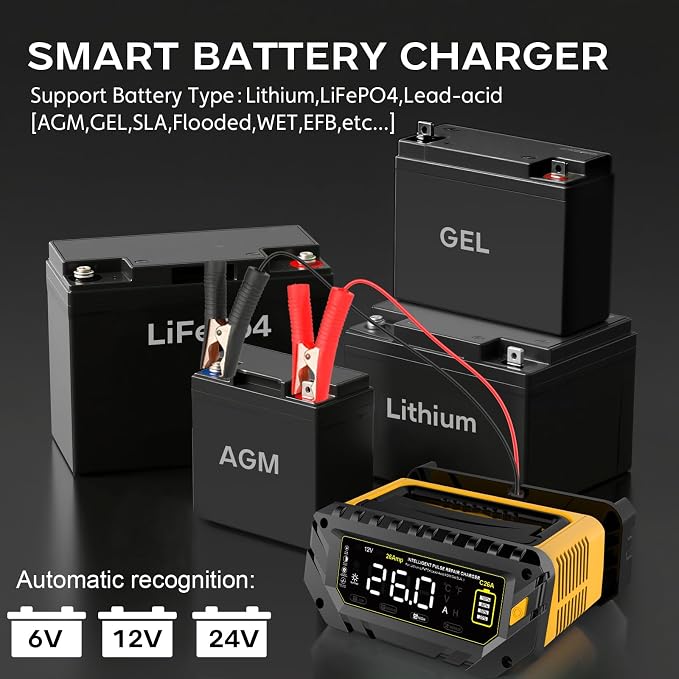 26-Amp Battery Charger, 6V/12V/24V Car Battery Charger & Maintainer, Trickle - Image 2