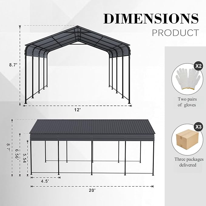 12x20x8.7 FT Carport with Galvanized Steel Roof, Heavy Duty Metal Carport Canopy - Image 8