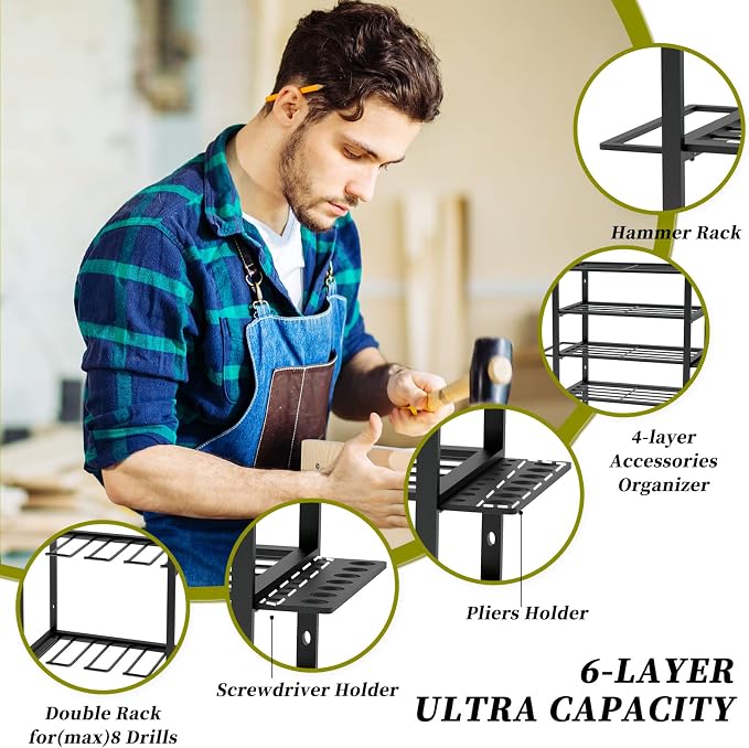 KAFAHOM Power Tool Organizer, 8 Drill Holder Wall Mount, 6 Layer Heavy Duty - Image 5