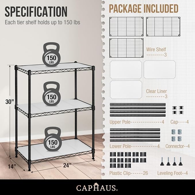 CAPHAUS NSF Black Adjustable 3-Tier Shelf Wire Shelving Unit w/Liner, Garage & - Image 3