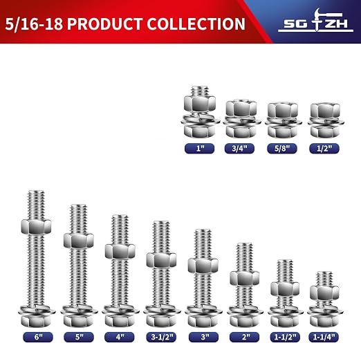 5/16-18 x 1-1/4" Hex Head Screw Bolt, Flat & Lock Washers, Fully Threaded - Image 3