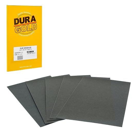 Dura-Gold Premium 320 Grit Wet or Dry Sandpaper Sheets, 5-1/2" x 9", Box of 25 by Dura-Gold