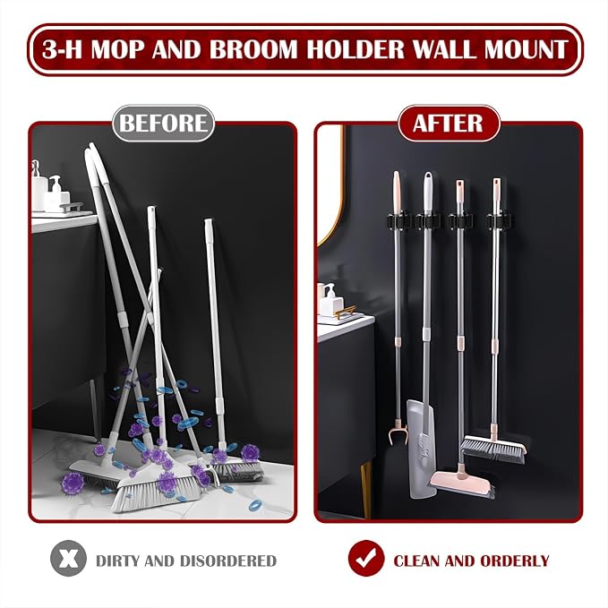 3-H Stainless Steel Broom Holder Wall Mount 15-Pack- Heavy Duty Mop Organizer - Image 3