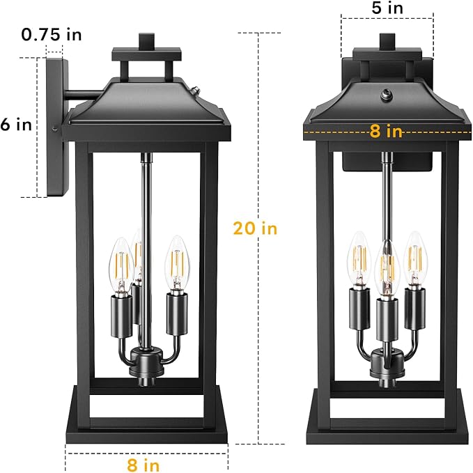 20" Large Dusk to Dawn Outdoor Lights 3-Light, 2 Pack Black Modern Exterior - Image 7