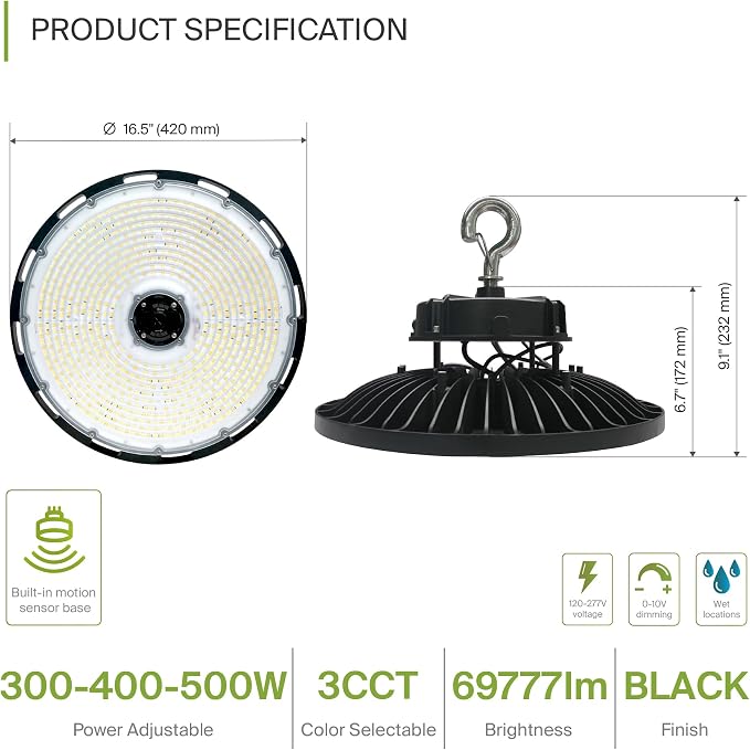 ASD LED High Bay UFO Light Fixture, Commercial Shop Lighting | 3CCT, IP69K - Image 2