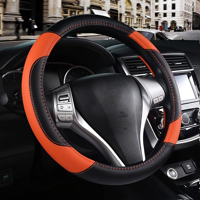 Leather Car Steering Wheel Cover, Non-Slip Car Wheel Cover Protector Breathable by Szttswamp