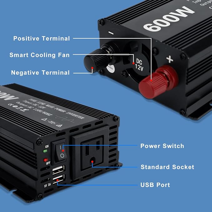 Power Inverter 600W Pure Sine Power Inverter DC 12V to AC 110V Car Converter - Image 2