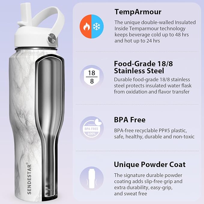 SENDESTAR 40oz Stainless Steel Water Bottle, Double Wall Vacuum Insulated Bottle - Image 3