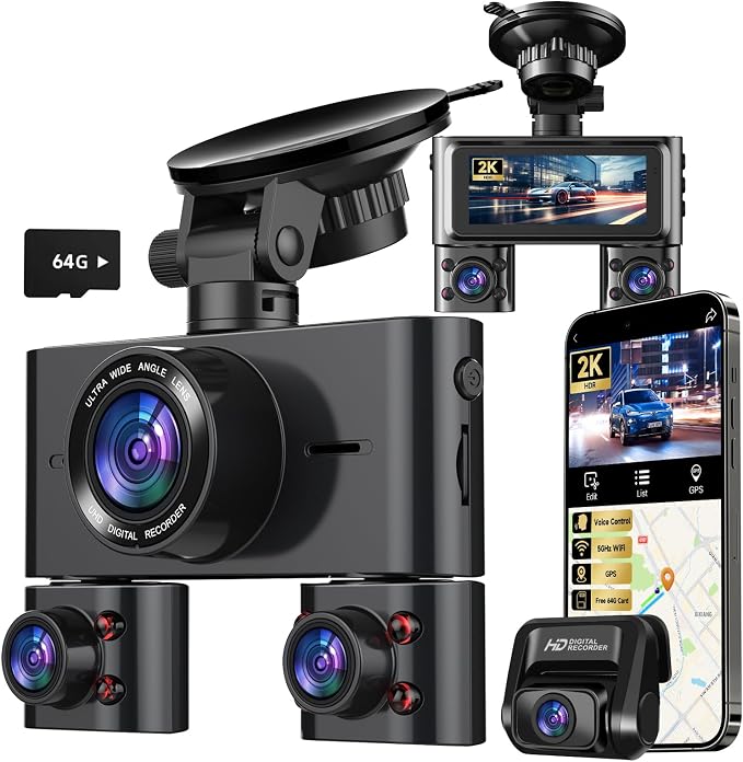 Dash Cam 360°, Dash Camera for Cars Front and Rear Inside, 4 Channel 4K/2K FHD by HUPEJOS