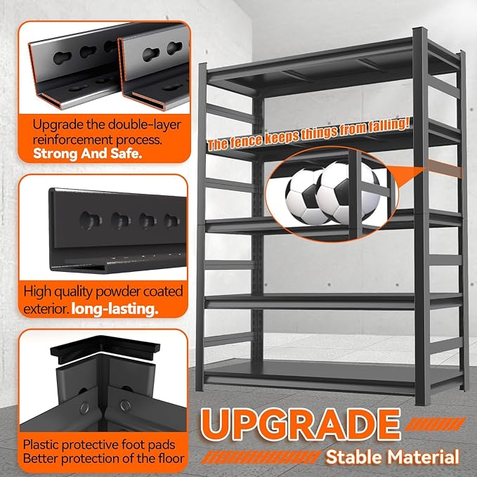 Garage Shelving, Storage Shelves Heavy Duty, 5-Tier Adjustable Black Shelving - Image 5