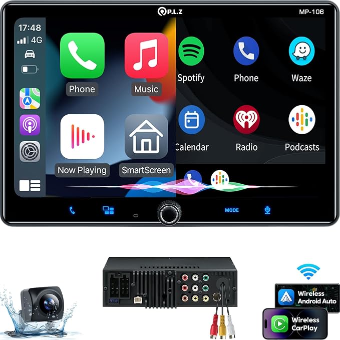 PLZ Single Din Car Stereo Wireless Apple Carplay Android Auto Radio, 10.1" Car by PLZ