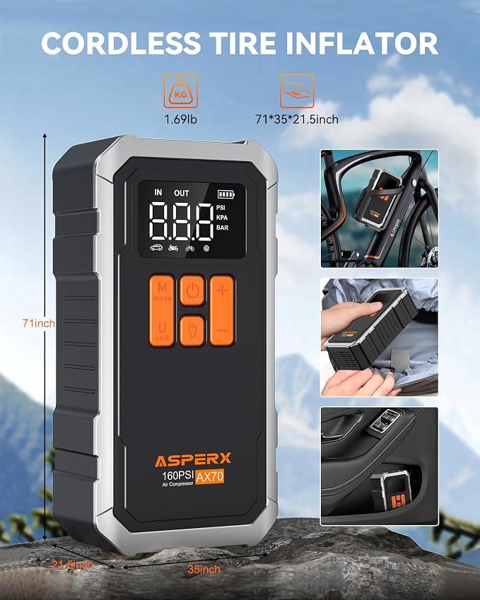 AsperX 160PSI Cordless Tire Inflator Air Compressor – Portable Rechargeable Air - Image 7