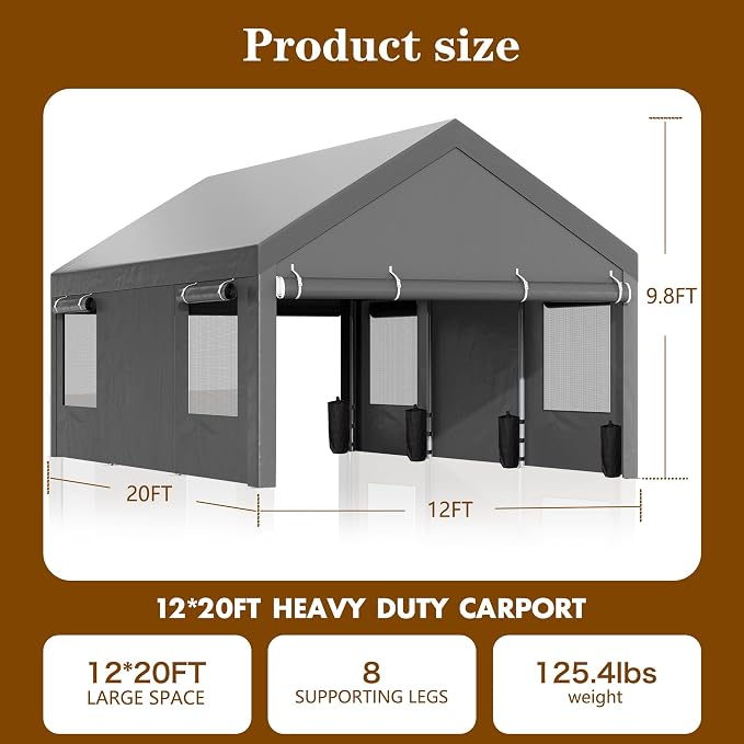 Walsunny Carport, 12x20 ft Heavy Duty Carport Canopy - Image 2