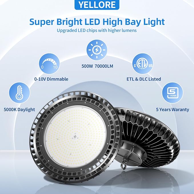 9 Pack 500W LED High Bay Light 72, 500LM DLC ETL Listed Industrial Grade UFO - Image 2