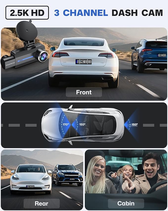 Dash Cam Front and Rear 2.5K/1440P, 3 Channel Dash Camera - Image 2
