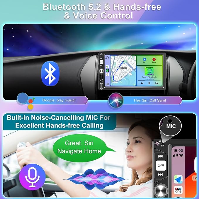 7” Wireless Apple CarPlay Double Din Car Stereo, FM Car Radio, IPS Touchscreen - Image 3