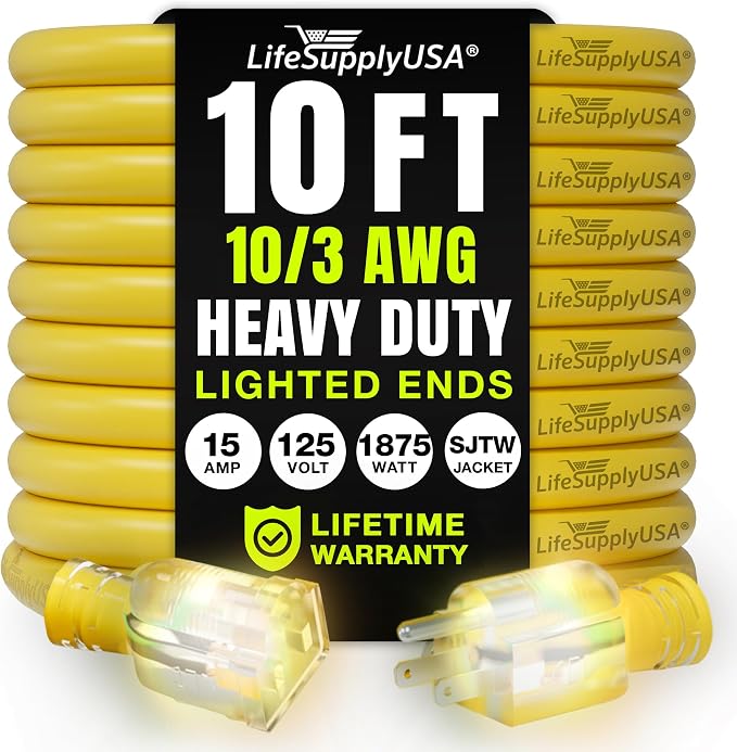 10ft Outdoor/Indoor Extension Cord 10/3 Gauge Ultra Heavy Duty 3 Prong SJTW by LifeSupplyUSA