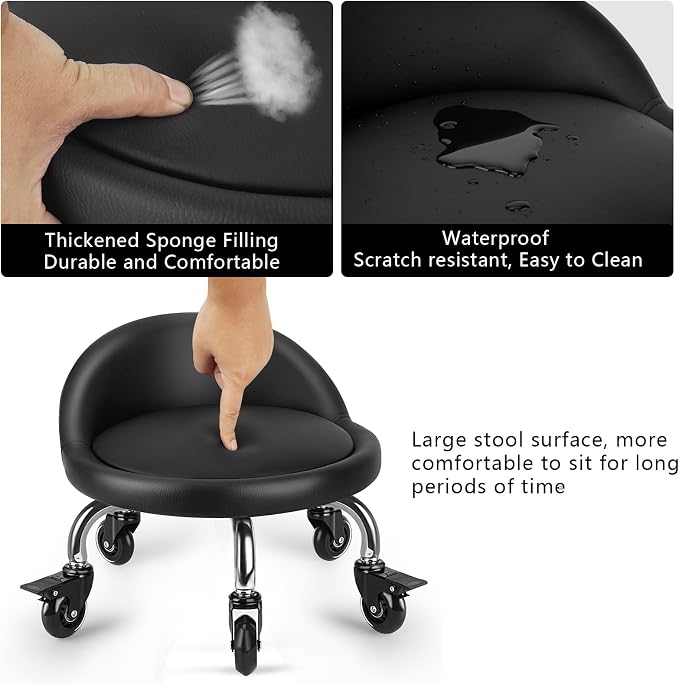 Rolling Stool with Backrest Low Height Rolling Stool with PU Leather, Roller - Image 4