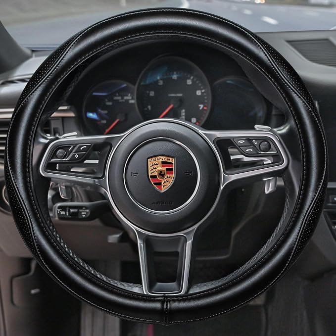 HAOKAY Top Grade Black Genuine Leather Steering Wheel Cover Men Women, Luxury - Image 2