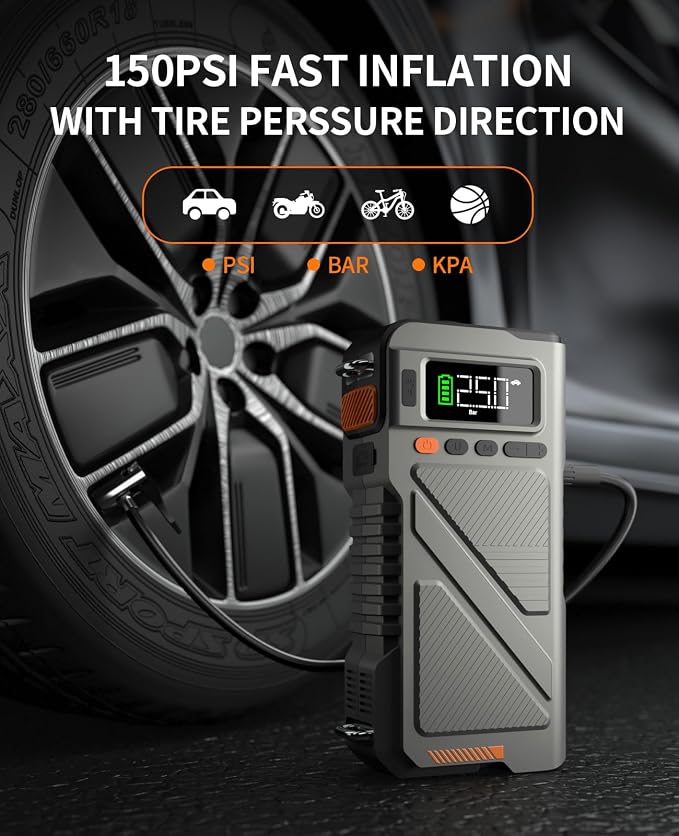 Portable Car Jump Starter with Air Compressor, 8000A Jump Box Combo 150PSI Tire - Image 3