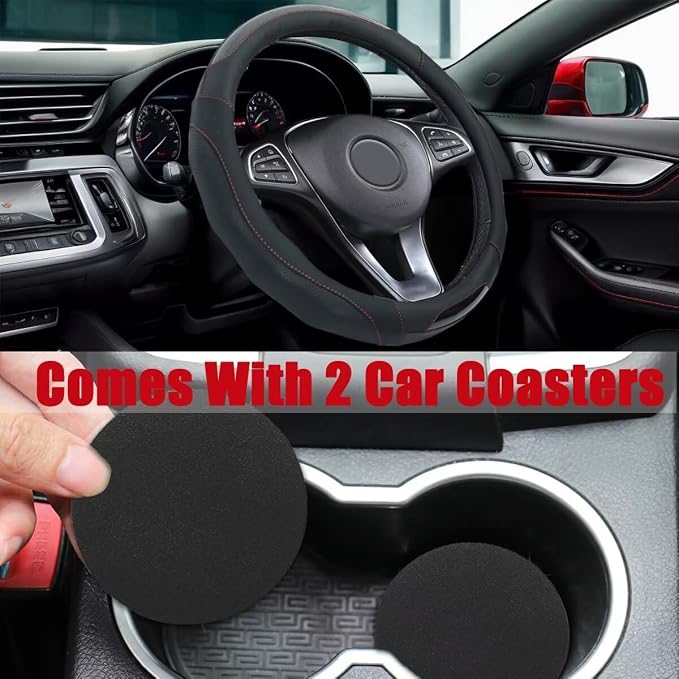 Car Steering Wheel Cover with Cup Coasters, Universal 15 inch Leather Carbon - Image 2