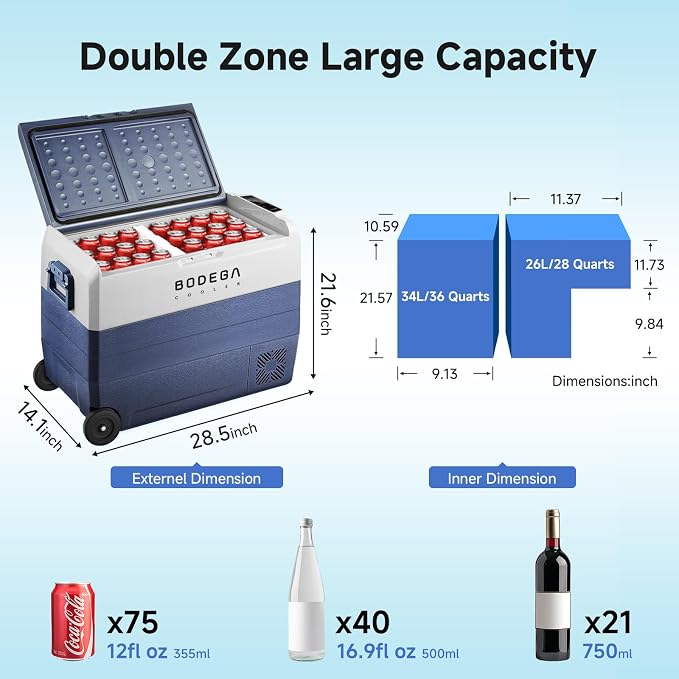 BODEGACOOLER 12 Volt Portable Refrigerator, 64 Quart Car Fridge Dual Zone - Image 3