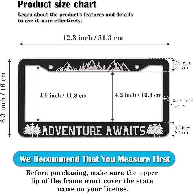 License Plate Frames Black and White License Plate Frame Adventure Awaits - Image 2