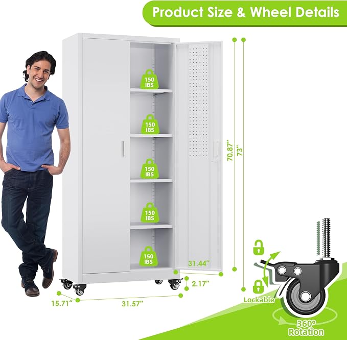 Garage Storage Cabinet with with Pegboard and Wheels, Tool Storage, Home Office - Image 3