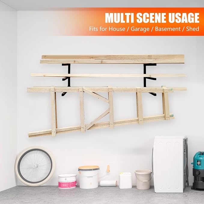 3-Tiered Collapsible Wall Mount Lumber Storage Metal Rack, 3-Level Foldable - Image 6