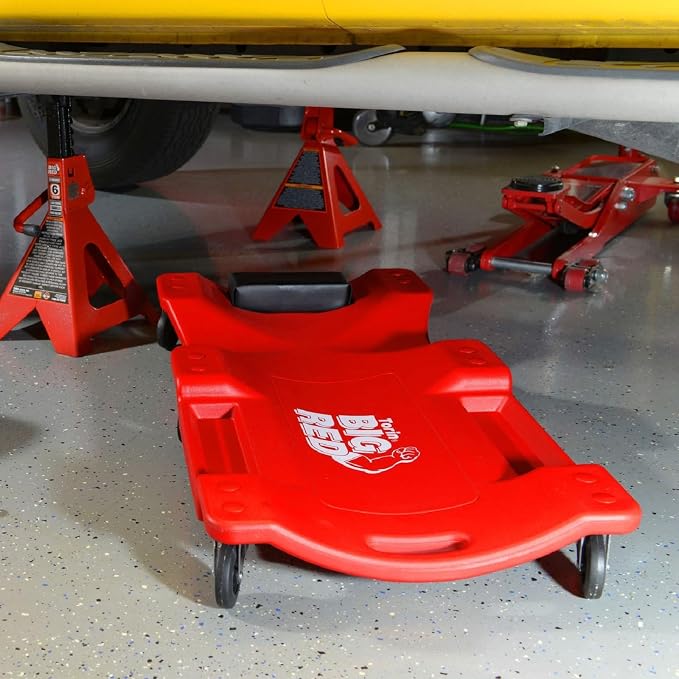 Big RED Plastic Rolling Garage/Shop Creeper: Dual Tool Trays and 6 Casters - Image 7