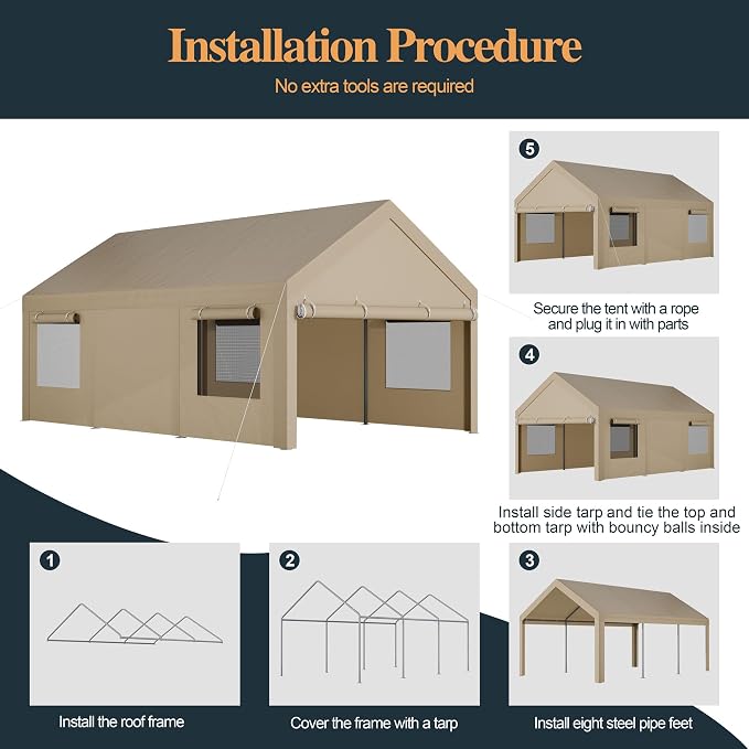 Shintenchi Carport 12' x 20' Heavy Duty Portable Garage, Car Port Canopy - Image 6
