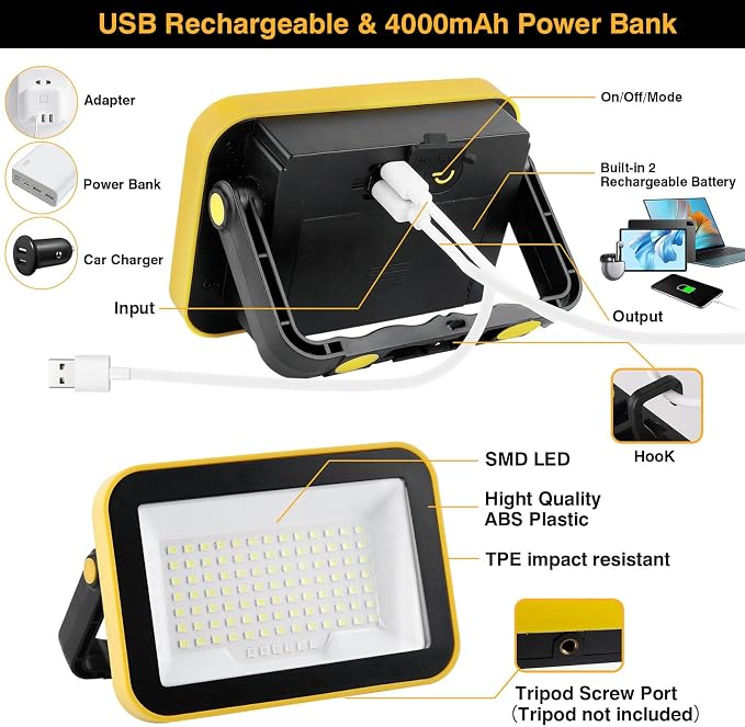 Rechargeable Work Light with Tripod Hole, 40W Portable Flood Light Battery - Image 4