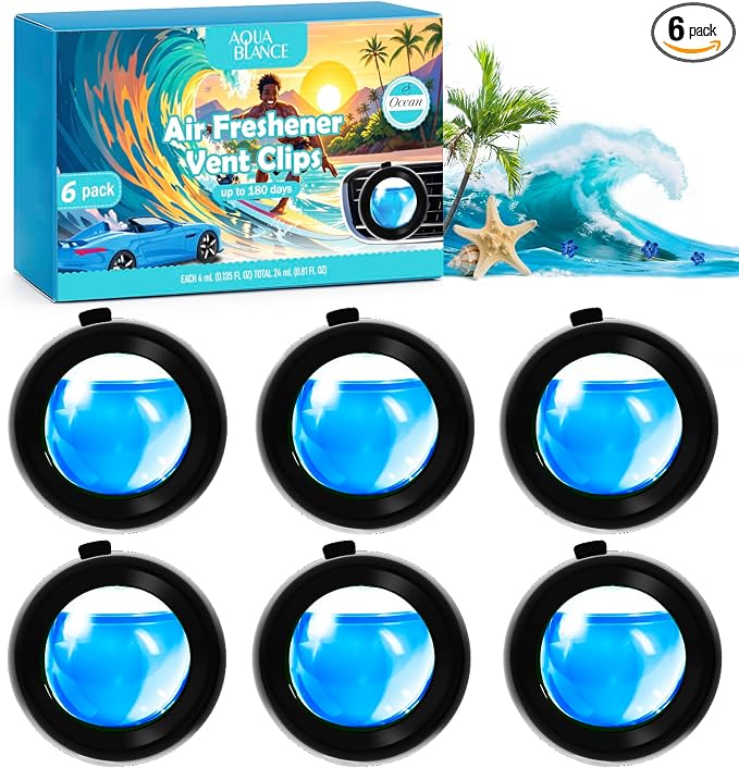 Car Air Freshener Vent Clips, Ocean Scent, 6 Pack, Long Lasting Scent Up to 180 by AQUABLANCE