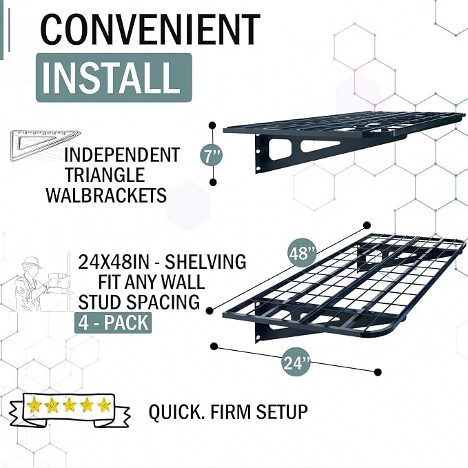 4-Pack 2x4ft Garage Wall Shelving, 4 Shelf Total 16 ft Garage Shelving Wall - Image 3