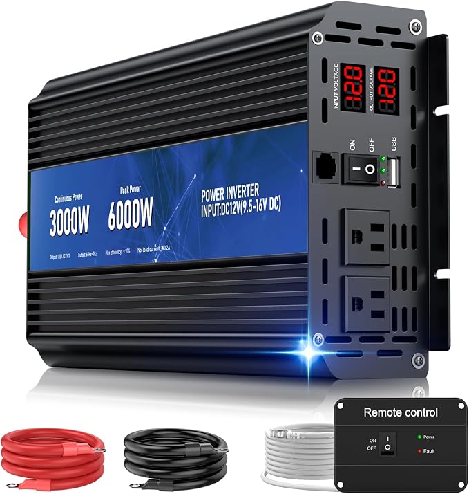 3000W Power Inverter, Peak Power 6000W 12V DC to AC 110V120V, Remote Control by HONOURLIGHT
