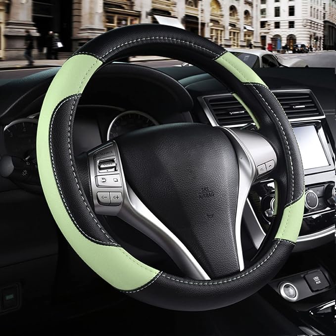 Leather Car Steering Wheel Cover, Non-Slip Car Wheel Cover Protector Breathable by Szttswamp