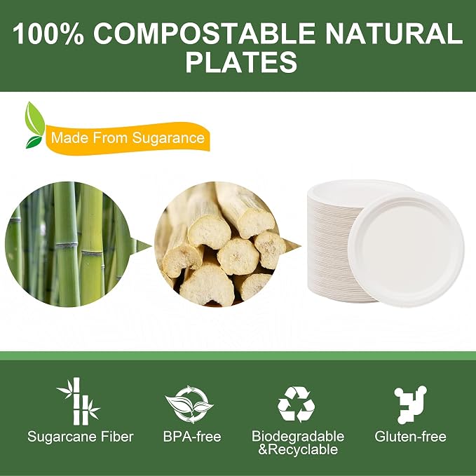 WELLIFE 100% Compostable Paper Plates 9 Inch, Biodegradable Bagasse, - Image 4